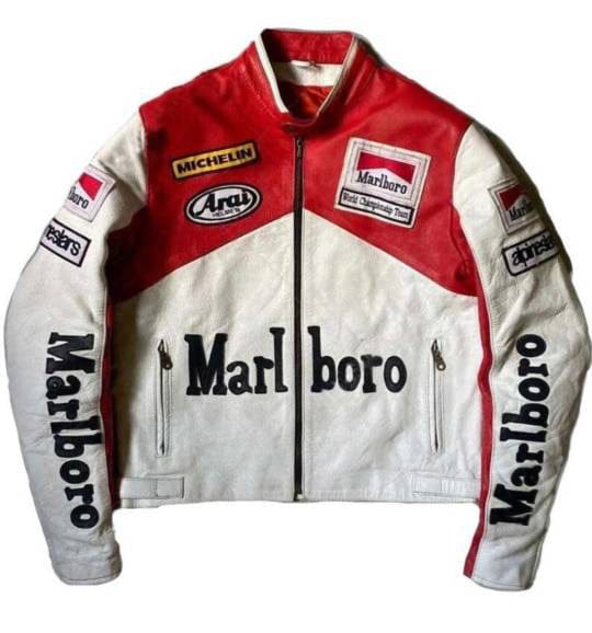 MARLBORO RACING RED WHITE BIKER LEATHER JACKET