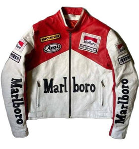 MARLBORO RACING RED WHITE BIKER LEATHER JACKET